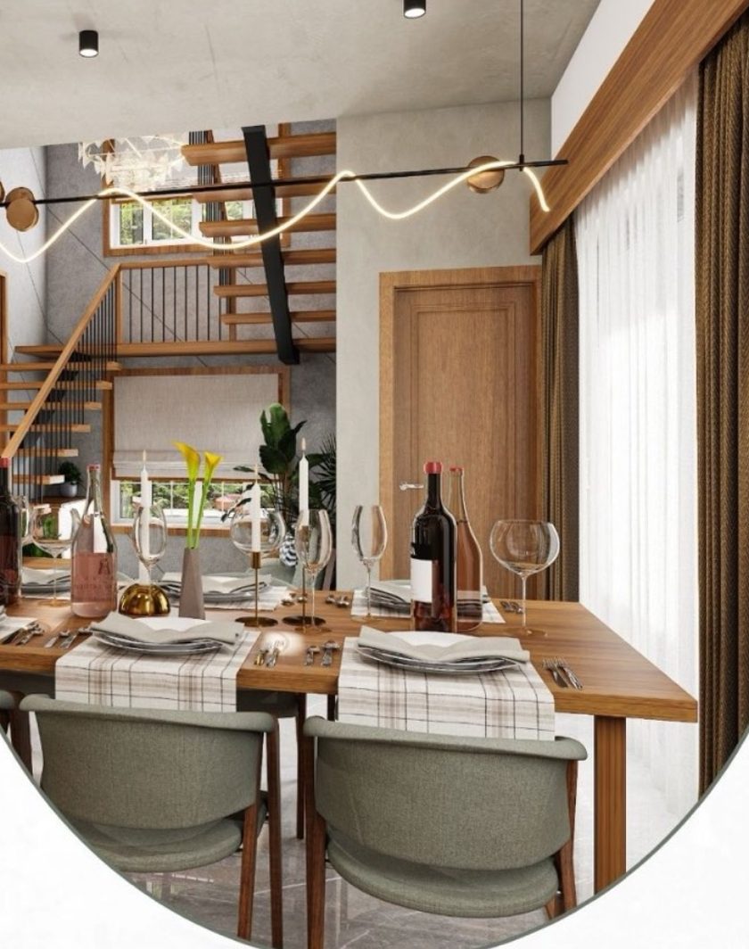 A dining space with a wooden table, upholstered chairs and a floating staircase behind